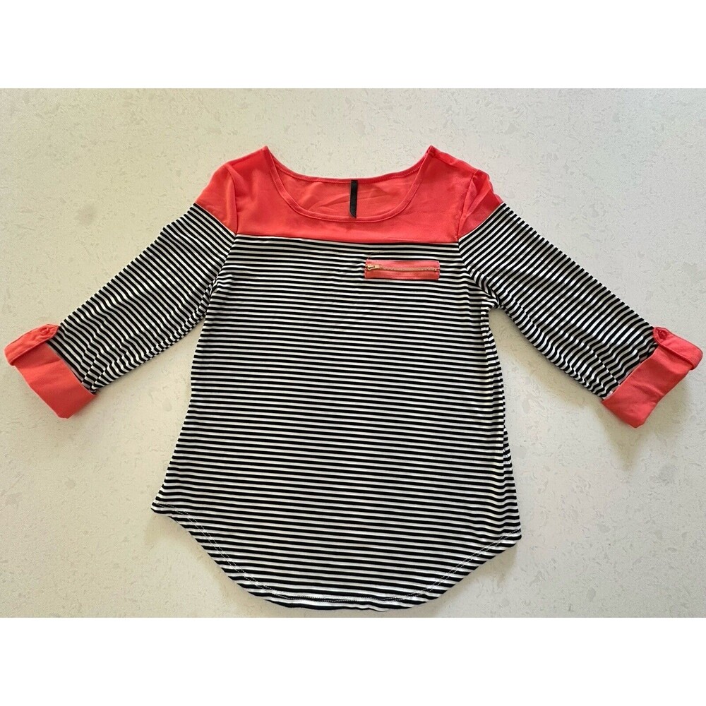 Ashley Blue Knit Blouse L 3/4 Sleeve Striped black/white/coral